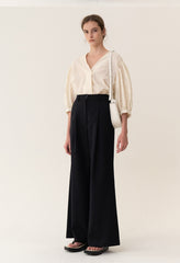 V-Neck Linen Blouse with 3/4 Balloon Sleeves and Gathered Shoulder Detail for Modern Femininity