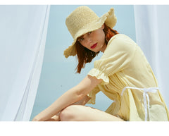 Lightweight Women's Linen Blouse with Puff Sleeves and Waist Tie - Button-Up Linen Shirt Top