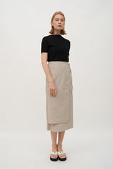 High-Waisted Wrap Front Midi Skirt in Lightweight Linen Blend with Back Vent Detail