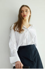 Classic Striped Linen Button-Down Shirt with Wide Cuffs and Relaxed Fit for Women