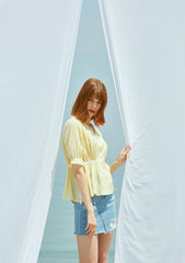 Lightweight Women's Linen Blouse with Puff Sleeves and Waist Tie - Button-Up Linen Shirt Top