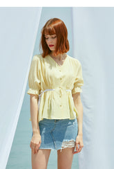 Lightweight Women's Linen Blouse with Puff Sleeves and Waist Tie - Button-Up Linen Shirt Top