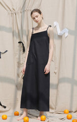 Asymmetric One-Shoulder Linen Midi Dress with Pocket Detail and Draped Silhouette