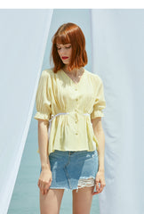 Lightweight Women's Linen Blouse with Puff Sleeves and Waist Tie - Button-Up Linen Shirt Top