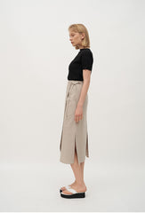 High-Waisted Wrap Front Midi Skirt in Lightweight Linen Blend with Back Vent Detail