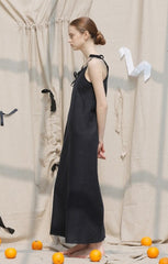 Asymmetric One-Shoulder Linen Midi Dress with Pocket Detail and Draped Silhouette