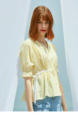 Lightweight Women's Linen Blouse with Puff Sleeves and Waist Tie - Button-Up Linen Shirt Top