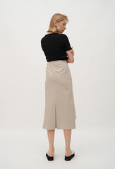 High-Waisted Wrap Front Midi Skirt in Lightweight Linen Blend with Back Vent Detail