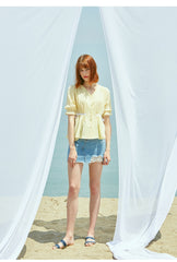 High-Waisted Frayed Hem Denim Mini Dress With Distressed Detail – Cotton Material