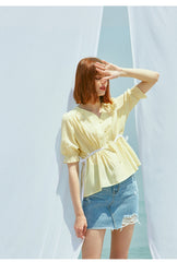 Lightweight Women's Linen Blouse with Puff Sleeves and Waist Tie - Button-Up Linen Shirt Top