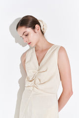 Sleeveless Linen Midi Dress for Women with V-Neckline and Draped Waist Detail – Flared Skirt