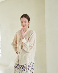 Linen Blouse with Ruffled Sailor Collar and Front Bow Tie for Romantic Feminine Elegance