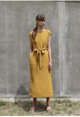 Linen Midi Dress with Waist Tie and Side Slits – Sleeveless Elegant Summer Wardrobe Essential