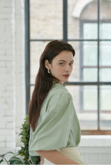 Linen Collared Shirt Blouse with Puff Half Sleeves – Tailored Button-Up Summer Top