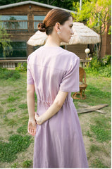 Elegant Short Sleeve Button-Front Linen Midi Dress with V-Neck and Seam Detail