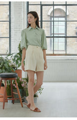 Linen Collared Shirt Blouse with Puff Half Sleeves – Tailored Button-Up Summer Top