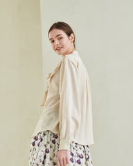 Linen Blouse with Ruffled Sailor Collar and Front Bow Tie for Romantic Feminine Elegance