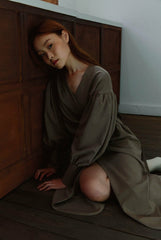 Elegant Wrap-Style Linen Dress with Puff Sleeves and Midi Length