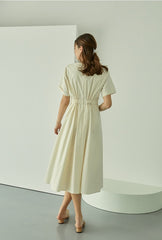 Structured Linen Midi Dress with Square Neckline and Short Sleeves for Refined Daywear