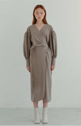 Wrap-Front Linen Midi Dress with Balloon Sleeves and Draped Silhouette