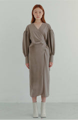 Wrap-Front Linen Midi Dress with Balloon Sleeves and Draped Silhouette