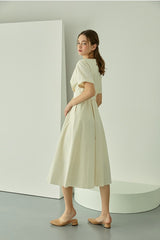 Structured Linen Midi Dress with Square Neckline and Short Sleeves for Refined Daywear