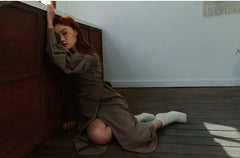 Elegant Wrap-Style Linen Dress with Puff Sleeves and Midi Length