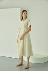 Structured Linen Midi Dress with Square Neckline and Short Sleeves for Refined Daywear
