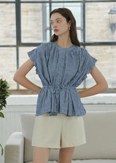 Textured Linen Flutter Sleeve Top with Waist Tie and Button Front – Lightweight Summer Blouse