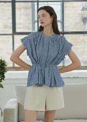 Textured Linen Flutter Sleeve Top with Waist Tie and Button Front – Lightweight Summer Blouse