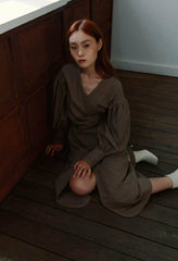 Elegant Wrap-Style Linen Dress with Puff Sleeves and Midi Length