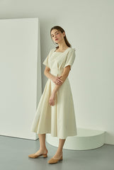 Structured Linen Midi Dress with Square Neckline and Short Sleeves for Refined Daywear