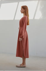 Viscose Long Sleeve Button-Down Midi Dress for Women with Drawstring Waist and Side Slits