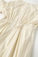 Structured Linen Midi Dress with Square Neckline and Short Sleeves for Refined Daywear