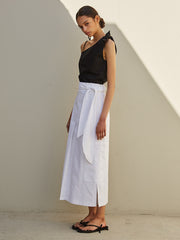 Wrap-Front Midi Linen Skirt with High Waist and Side Pocket for Modern Minimalist Styling