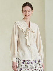 Linen Blouse with Ruffled Sailor Collar and Front Bow Tie for Romantic Feminine Elegance