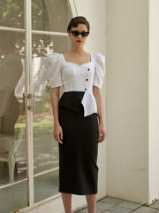 Linen Puff Sleeve Blouse with Sweetheart Neckline and Peplum Hem