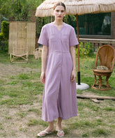 Elegant Short Sleeve Button-Front Linen Midi Dress with V-Neck and Seam Detail