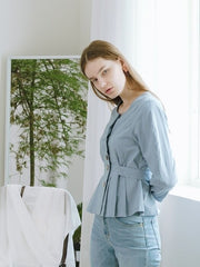 Tailored Linen Blouse with Waist Tie and Pleated Front Detail for Elegant Everyday Style