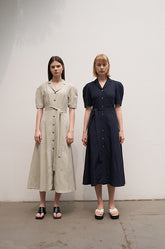 Women's Linen Puff Sleeve Midi Dress – Button Front Shirt Dress with Belted Waist