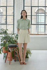 Linen Collared Shirt Blouse with Puff Half Sleeves – Tailored Button-Up Summer Top