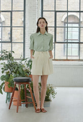 Linen Collared Shirt Blouse with Puff Half Sleeves – Tailored Button-Up Summer Top