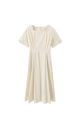 Structured Linen Midi Dress with Square Neckline and Short Sleeves for Refined Daywear