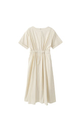 Structured Linen Midi Dress with Square Neckline and Short Sleeves for Refined Daywear