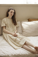 Women's Linen Midi Dress with Gathered Waist and Button Detail for Effortless Elegance