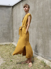 Linen Midi Dress with Waist Tie and Side Slits – Sleeveless Elegant Summer Wardrobe Essential