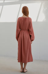 Viscose Long Sleeve Button-Down Midi Dress for Women with Drawstring Waist and Side Slits