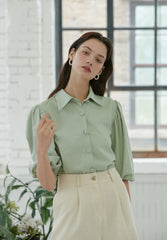 Linen Collared Shirt Blouse with Puff Half Sleeves – Tailored Button-Up Summer Top