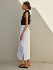 Wrap-Front Midi Linen Skirt with High Waist and Side Pocket for Modern Minimalist Styling