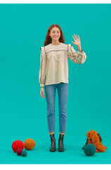 Women's Linen Blouse with Statement Collar and Puff Sleeves for Chic and Breathable Everyday Style
